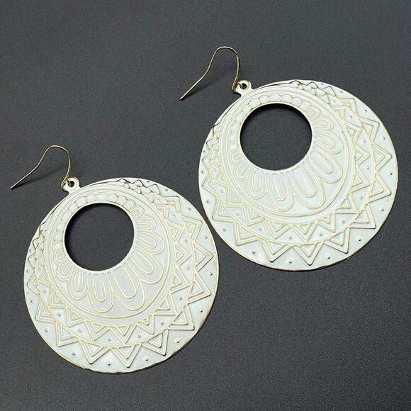 Yellow Gold with White Enamel Boho Aztec Pattern Round Dangling Hook Earrings - Picture 1 of 9
